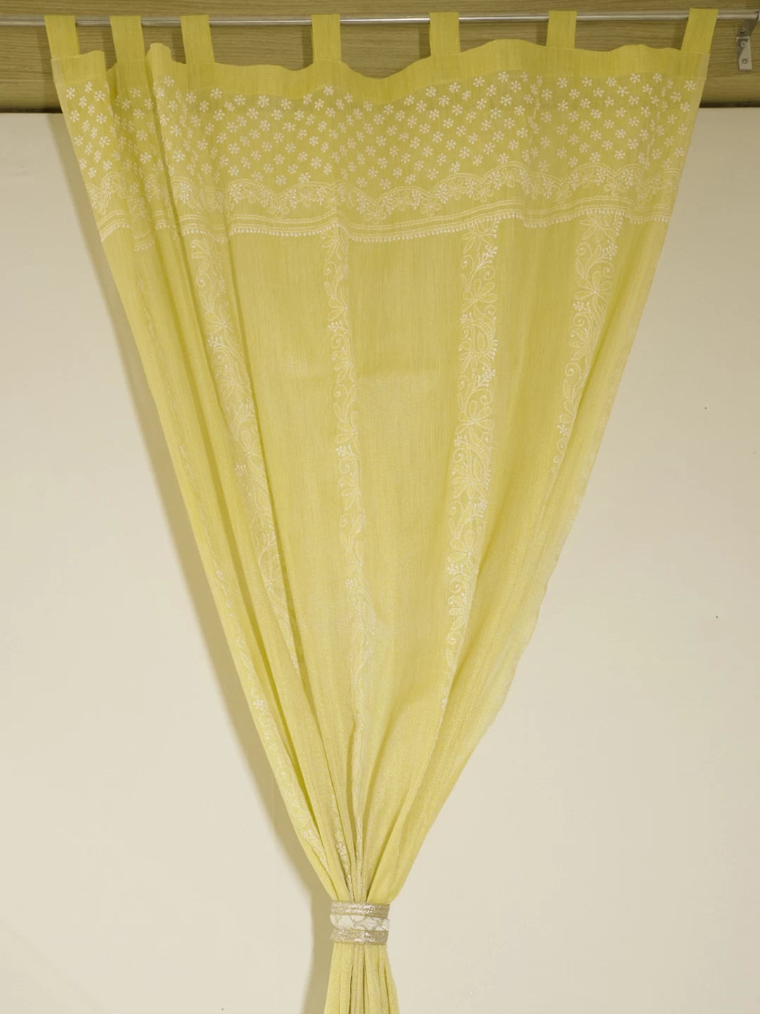 Ada Hand Embroidered Yellow Chanderi Lucknowi Chikankari Curtain 01A446578