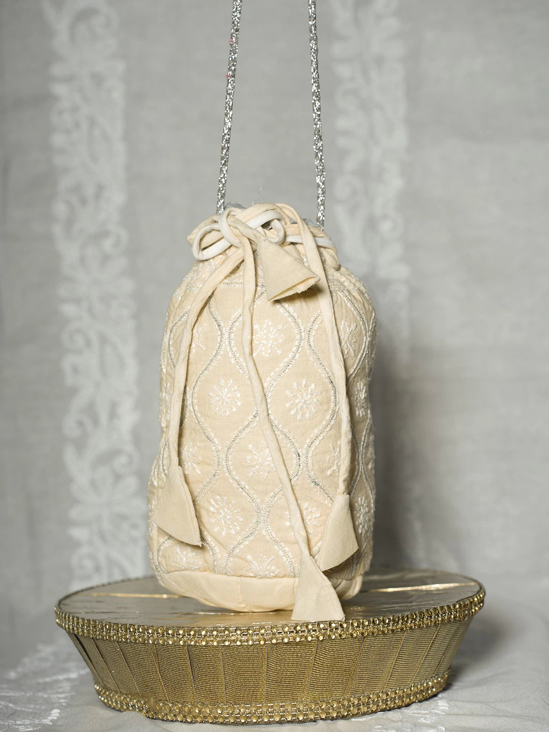 Ada Hand Embroidered Beige Cotton Lucknowi Chikankari Potli Bag With Zari Work 01A513058