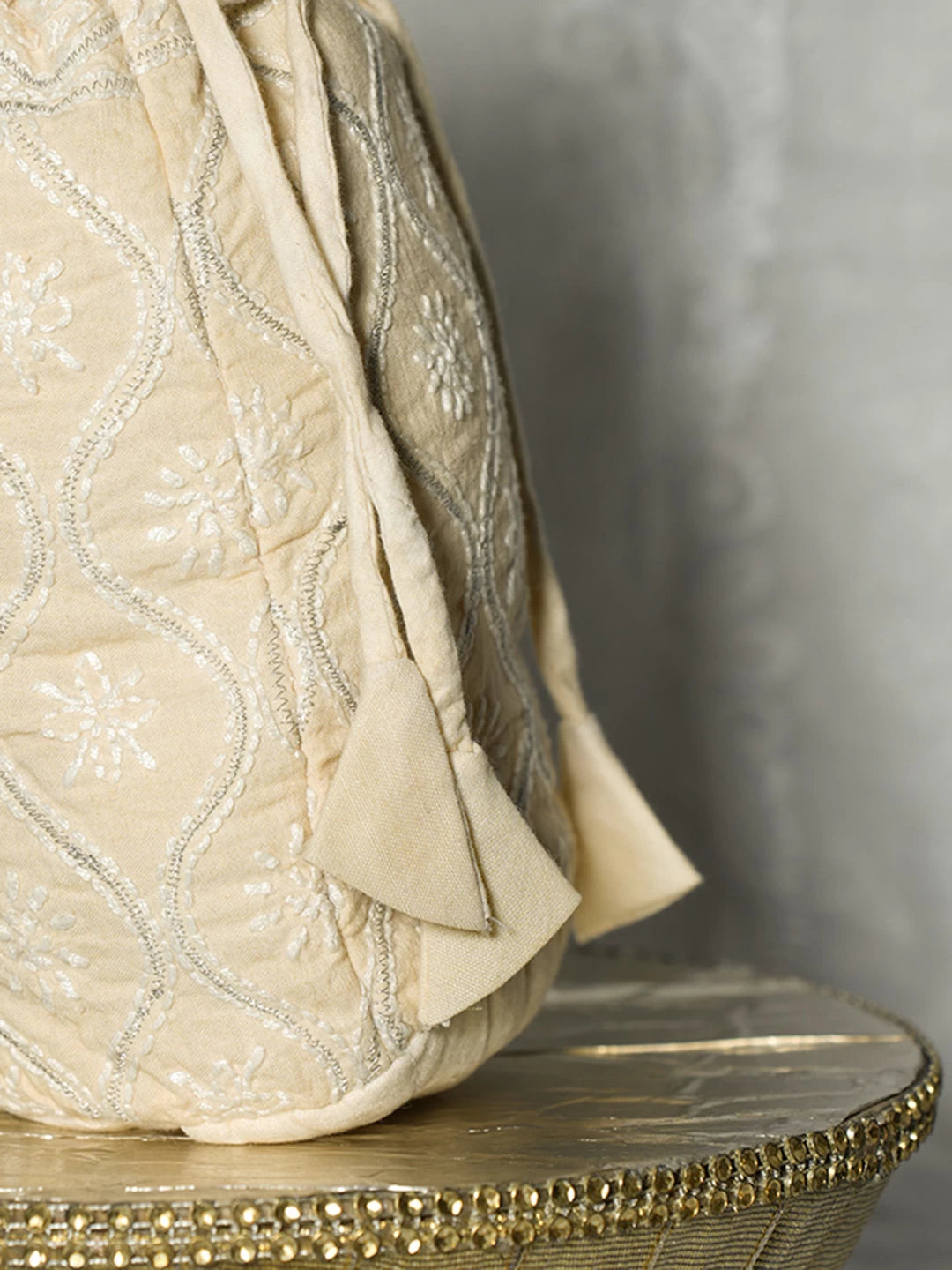 Ada Hand Embroidered Beige Cotton Lucknowi Chikankari Potli Bag With Zari Work 01A513058
