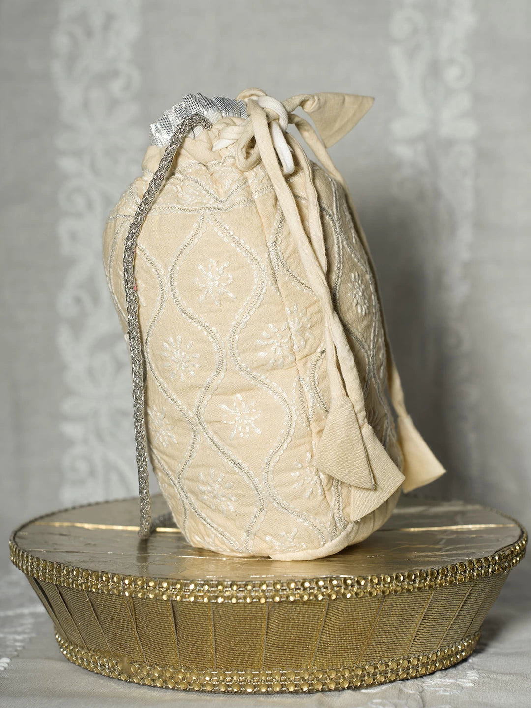 Ada Hand Embroidered Beige Cotton Lucknowi Chikankari Potli Bag With Zari Work 01A513058