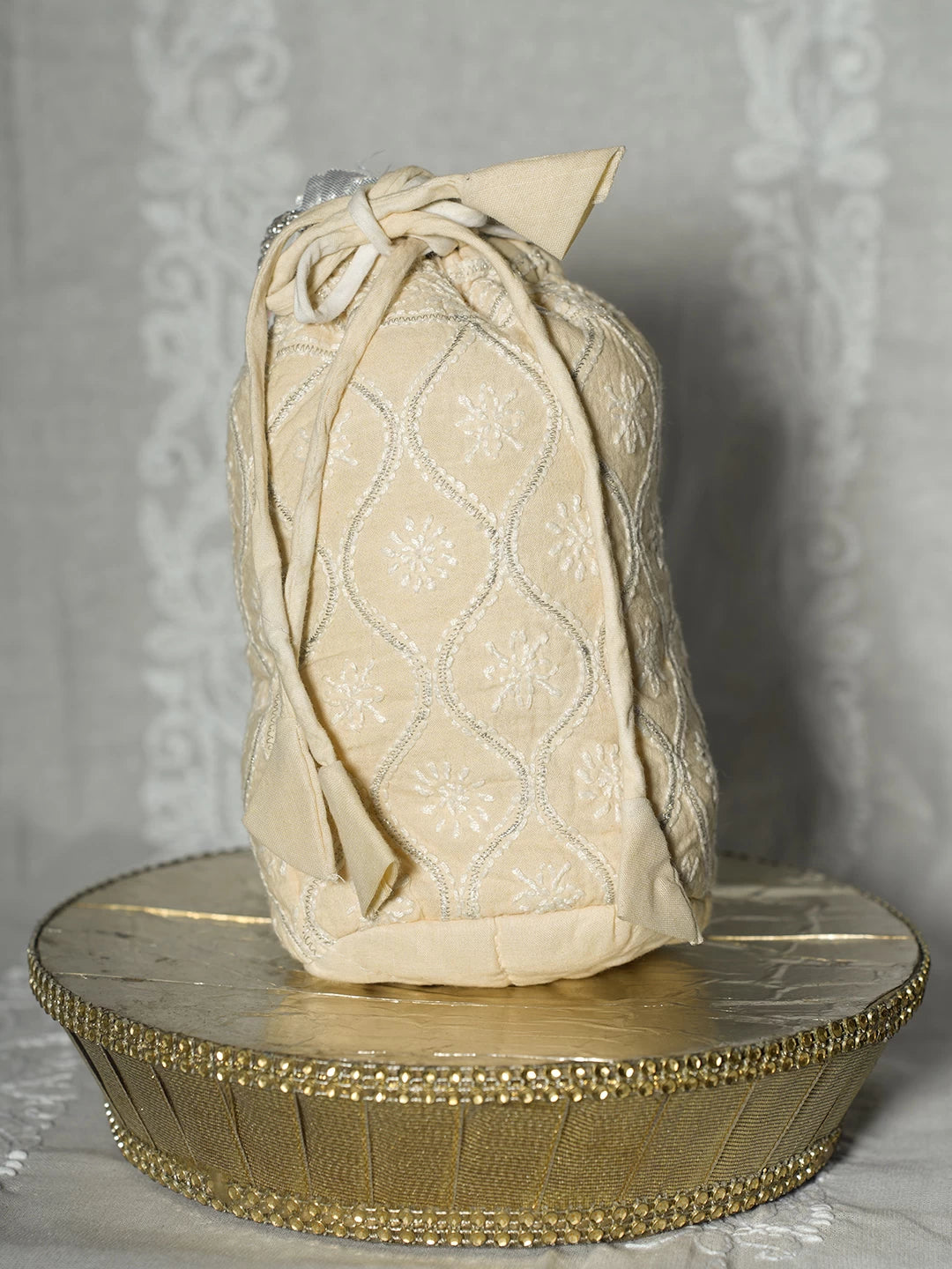 Ada Hand Embroidered Beige Cotton Lucknowi Chikankari Potli Bag With Zari Work 01A513058