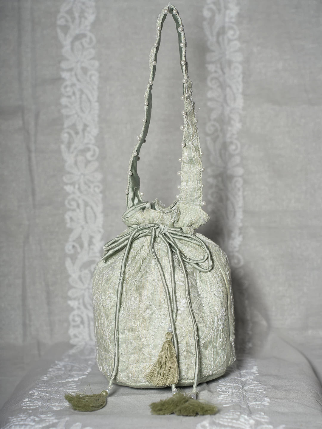 Ada Hand Embroidered Pista Green Tissue Lucknowi Chikankari Potli Bag With Zari Work 01A500909