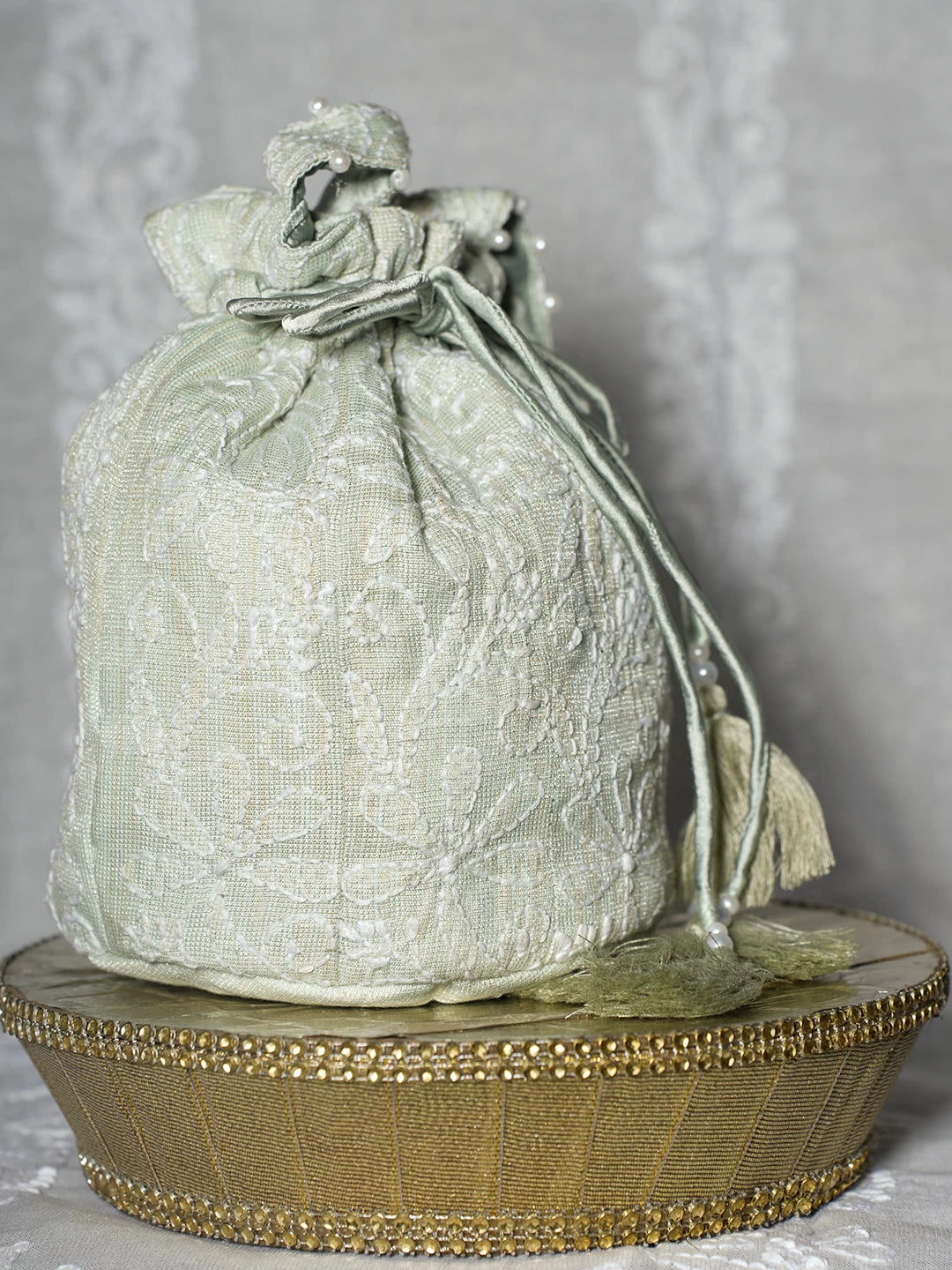 Ada Hand Embroidered Pista Green Tissue Lucknowi Chikankari Potli Bag With Zari Work 01A500909