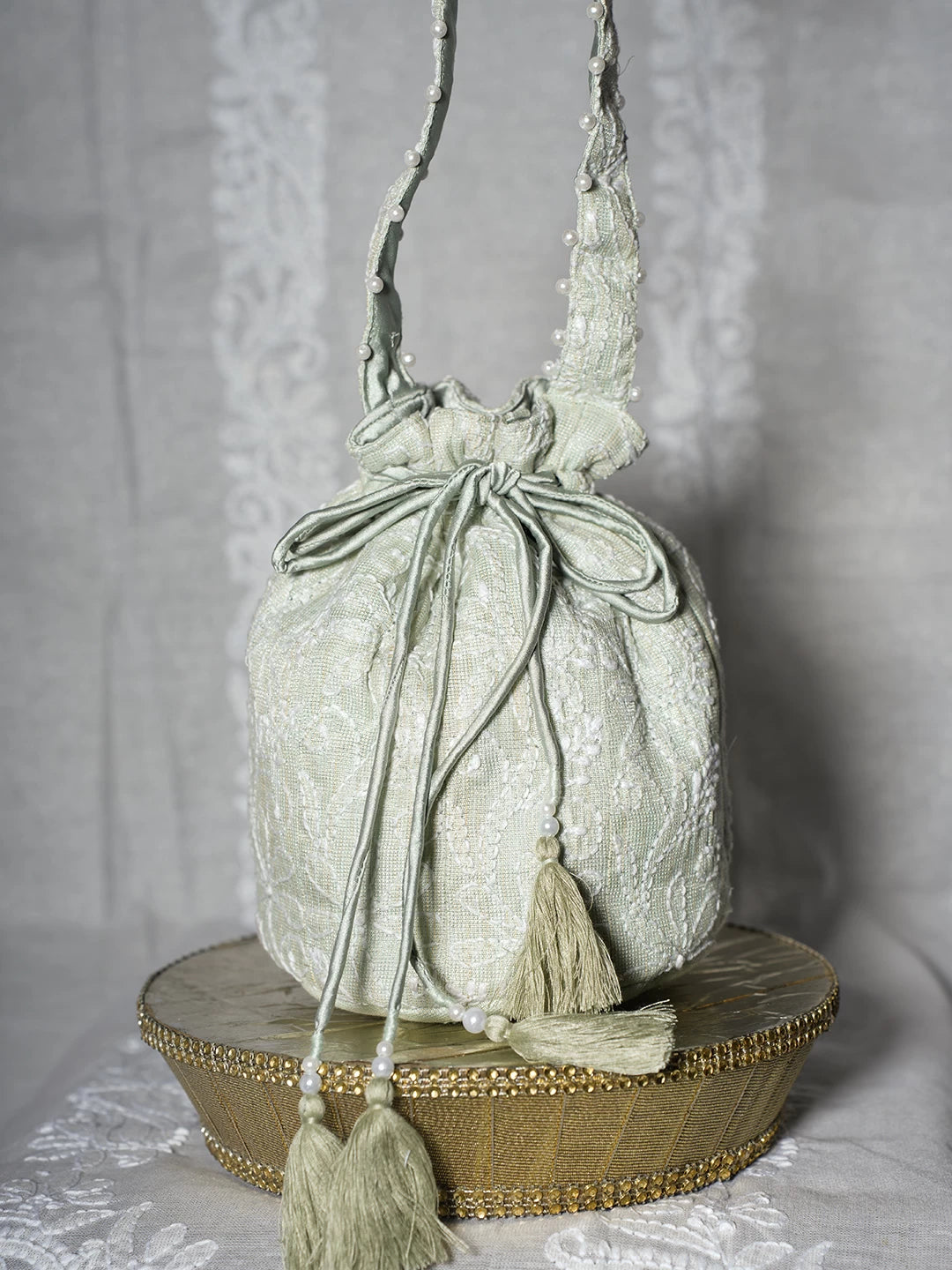 Ada Hand Embroidered Pista Green Tissue Lucknowi Chikankari Potli Bag With Zari Work 01A500909