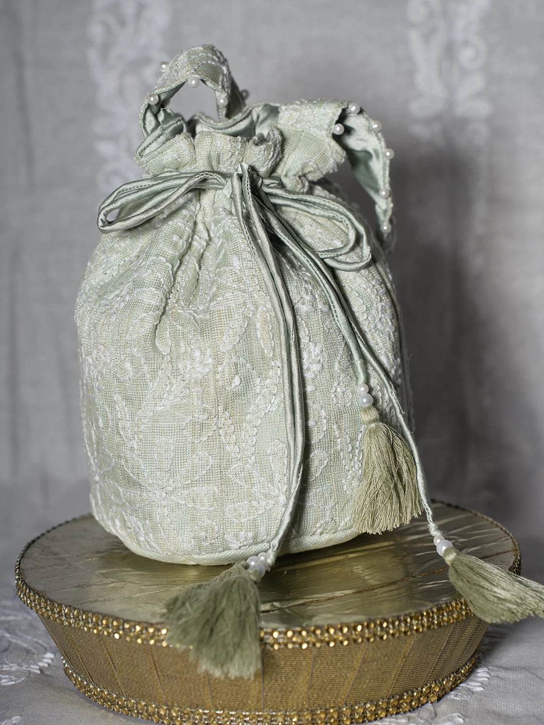 Ada Hand Embroidered Pista Green Tissue Lucknowi Chikankari Potli Bag With Zari Work 01A500909