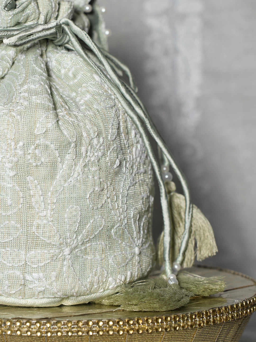Ada Hand Embroidered Pista Green Tissue Lucknowi Chikankari Potli Bag With Zari Work 01A500909