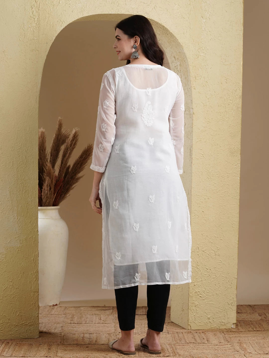 Ada Hand Embroidered White Georgette Lucknowi Chikankari Straight Kurta With Slip A411127