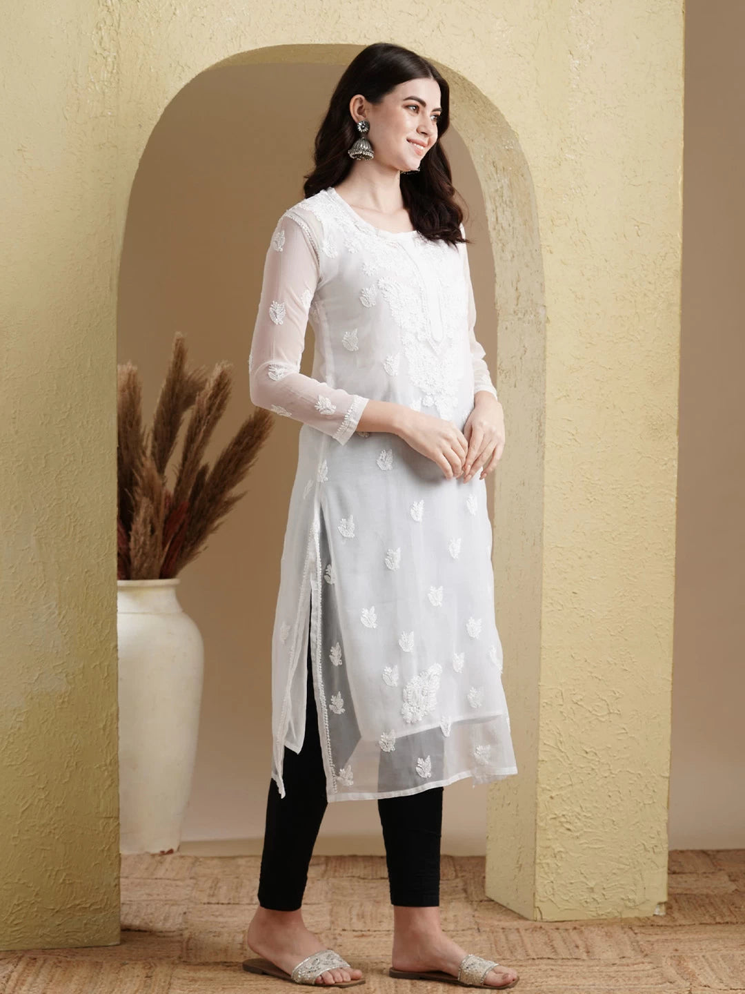 Ada Hand Embroidered White Georgette Lucknowi Chikankari Straight Kurta With Slip A411127