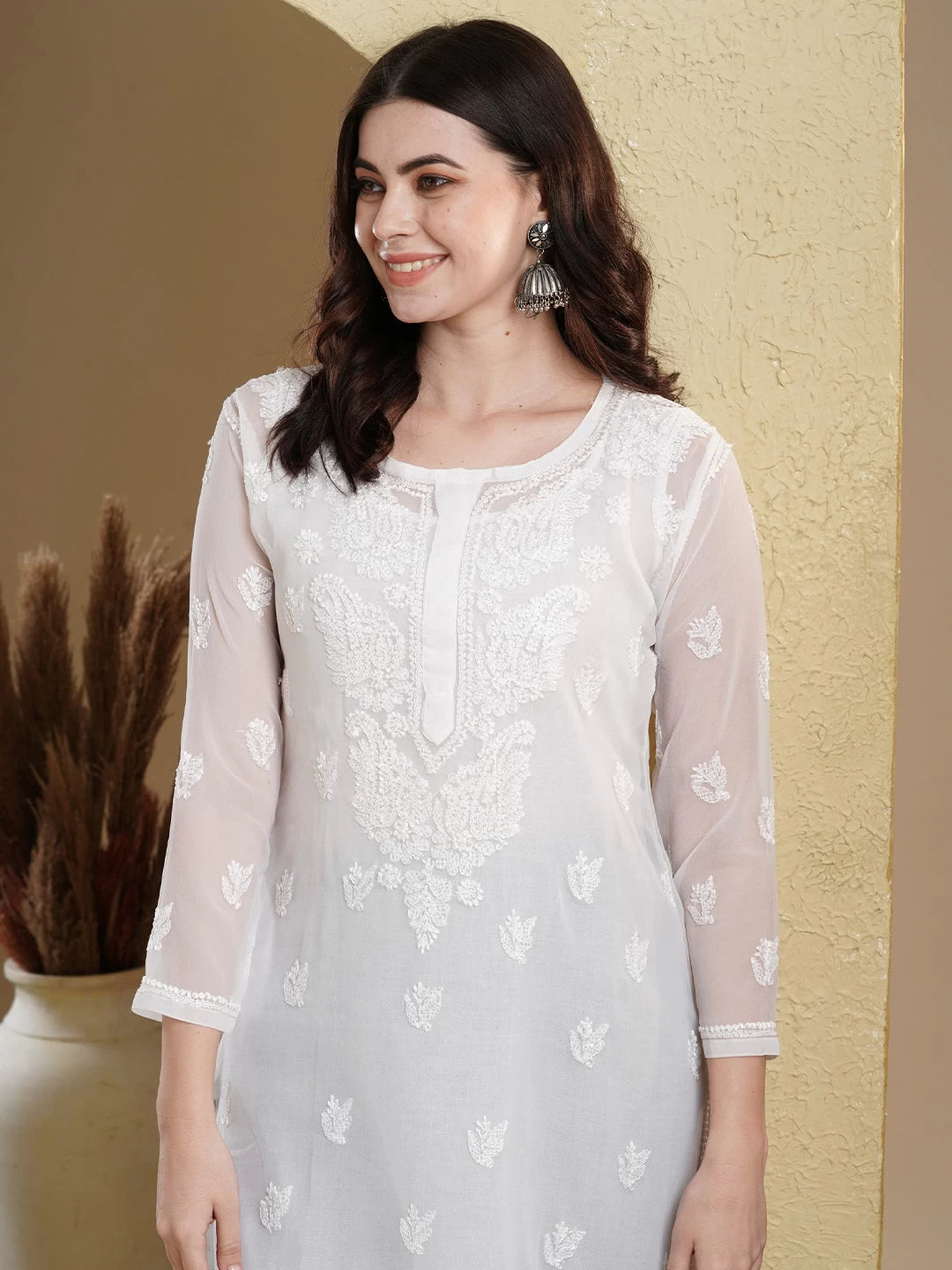 Ada Hand Embroidered White Georgette Lucknowi Chikankari Straight Kurta With Slip A411127
