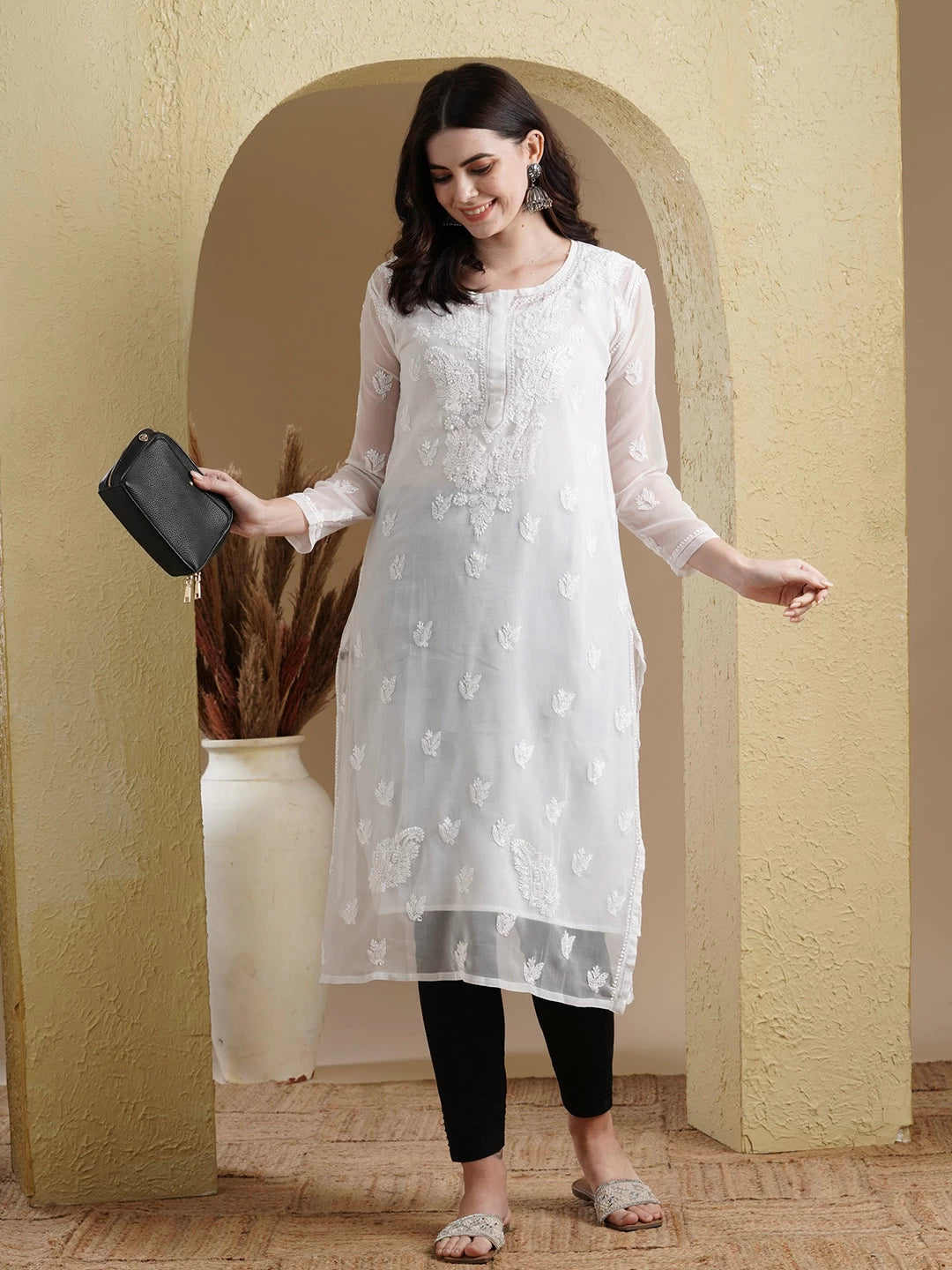 Ada Hand Embroidered White Georgette Lucknowi Chikankari Straight Kurta With Slip A411127