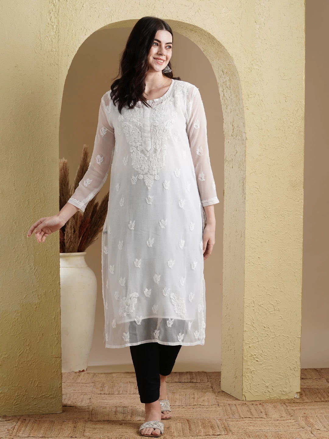 Ada Hand Embroidered White Georgette Lucknowi Chikankari Straight Kurta With Slip A411127