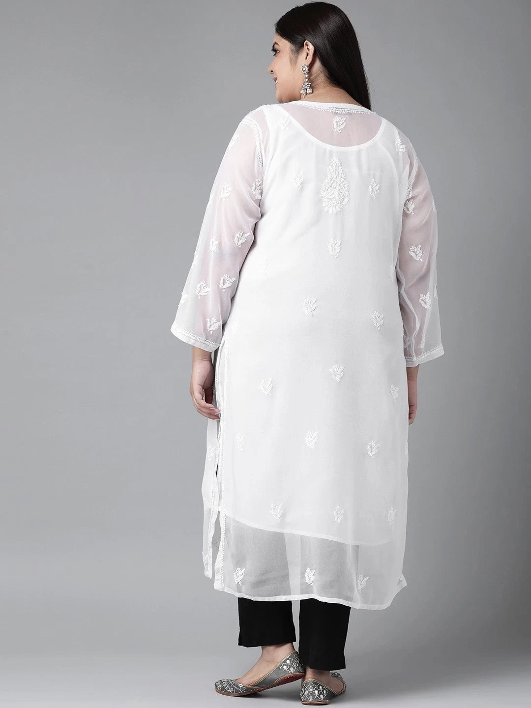 Ada Hand Embroidered White Georgette Lucknowi Chikankari Straight Kurta With Slip A411127