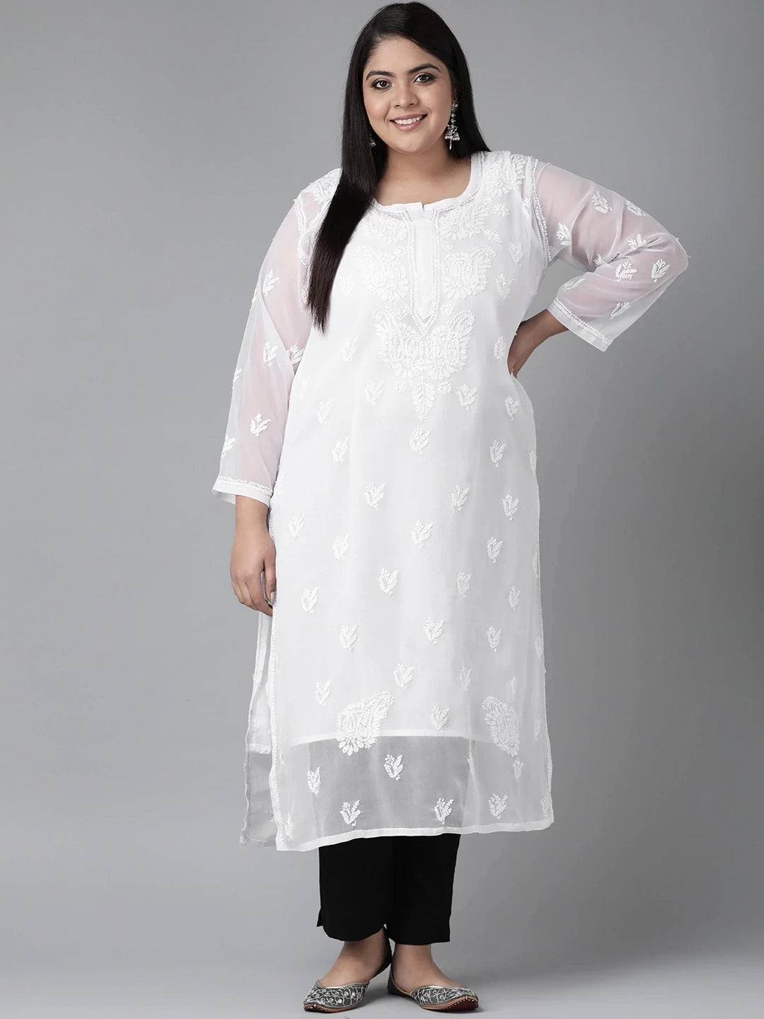 Ada Hand Embroidered White Georgette Lucknowi Chikankari Straight Kurta With Slip A411127
