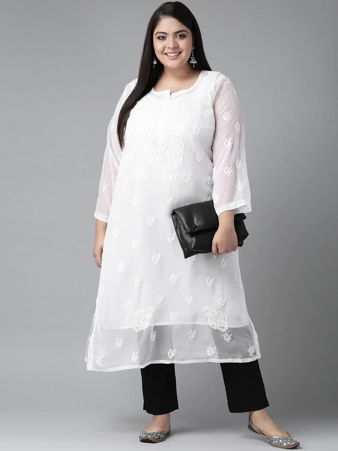 Ada Hand Embroidered White Georgette Lucknowi Chikankari Straight Kurta With Slip A411127