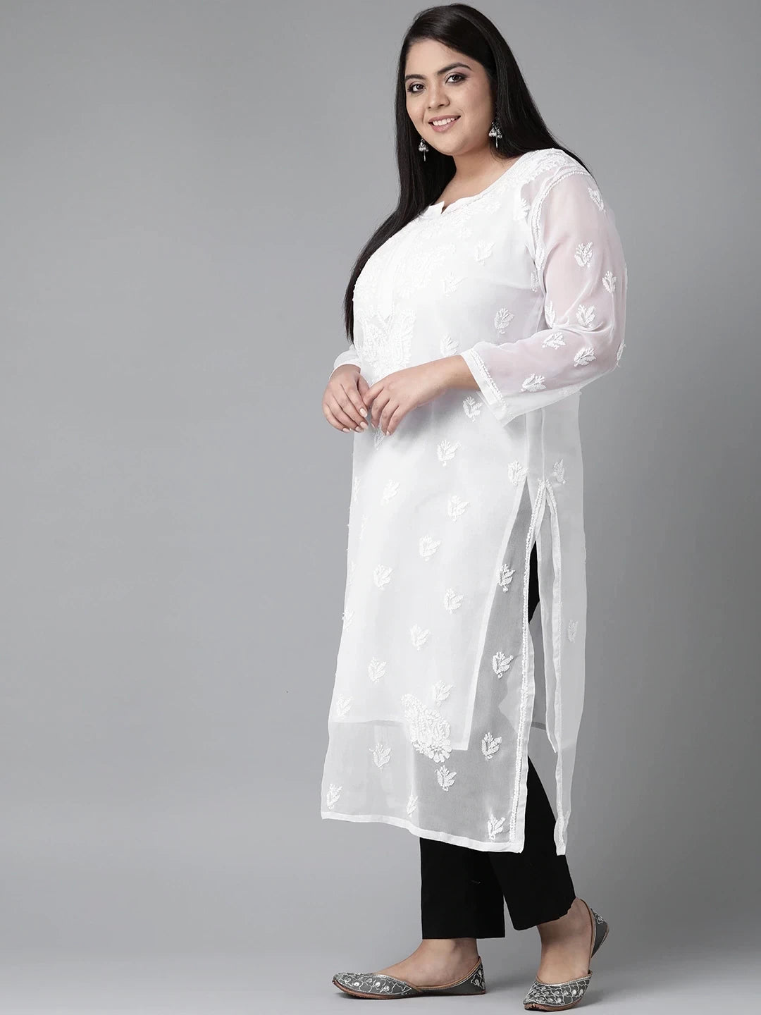 Ada Hand Embroidered White Georgette Lucknowi Chikankari Straight Kurta With Slip A411127