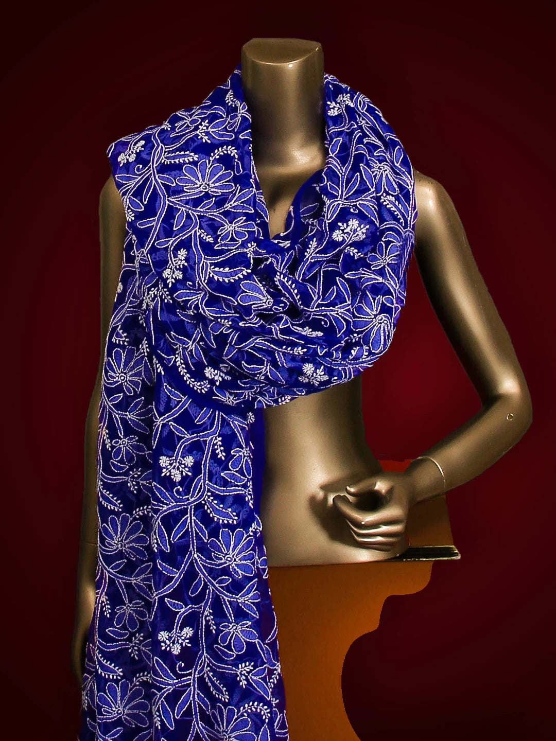 Ada Hand Embroidered Royal Blue Georgette Lucknowi Chikankari Dupatta 01A218292