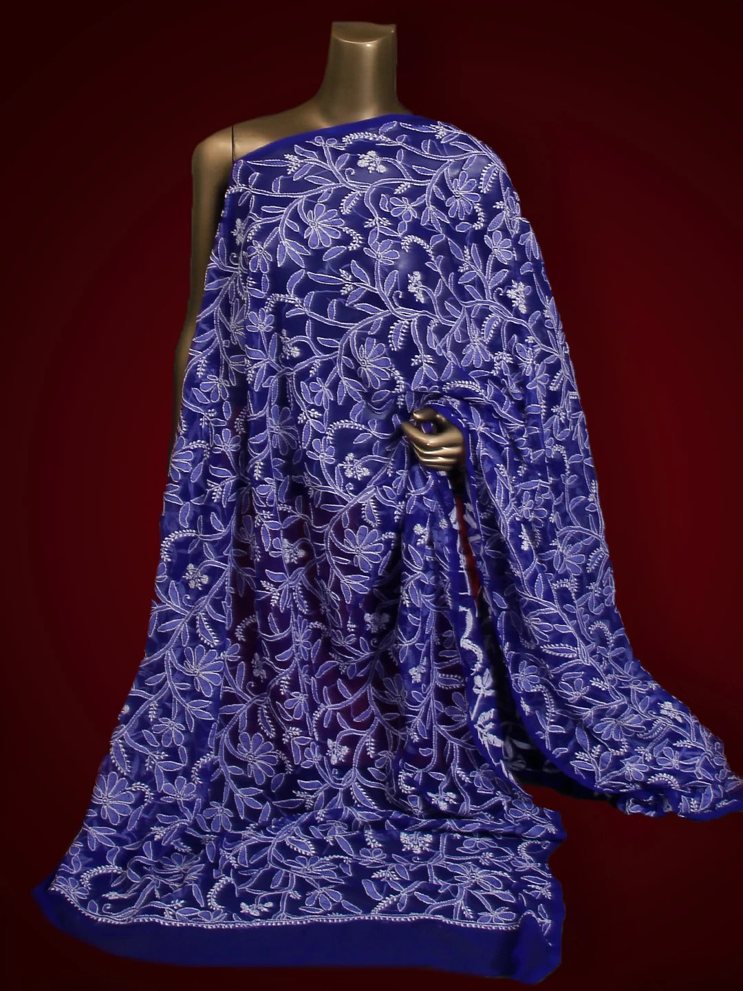 Ada Hand Embroidered Royal Blue Georgette Lucknowi Chikankari Dupatta 01A218292