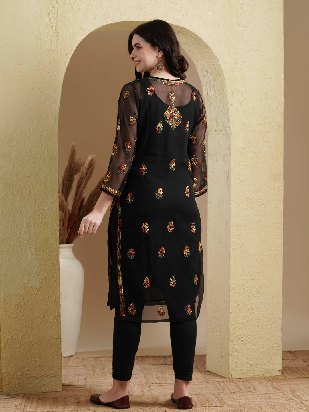 Ada Hand Embroidered Black Georgette Lucknowi Chikankari Kurta Set with Slip A811220