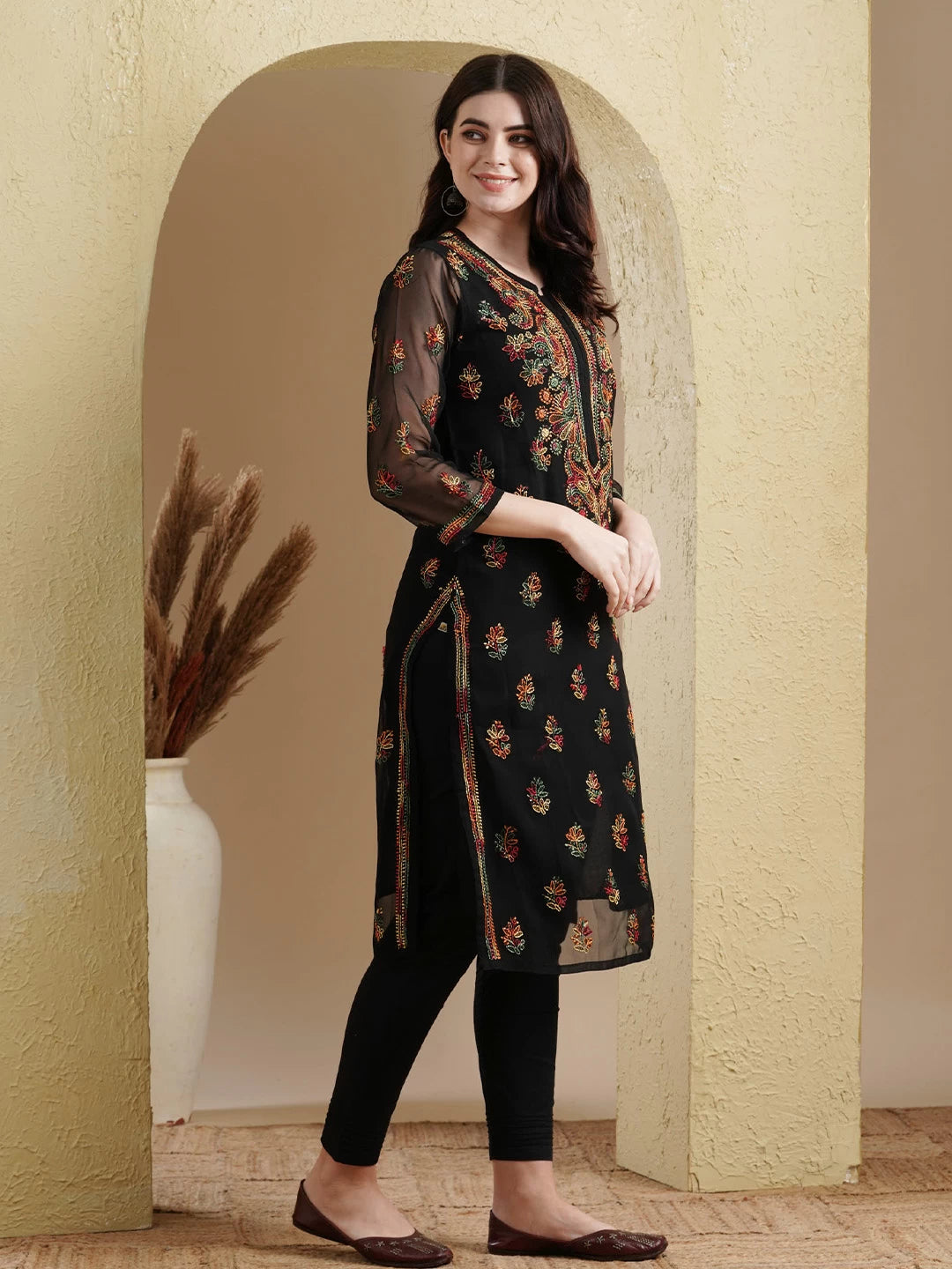 Ada Hand Embroidered Black Georgette Lucknowi Chikankari Kurta Set with Slip A811220