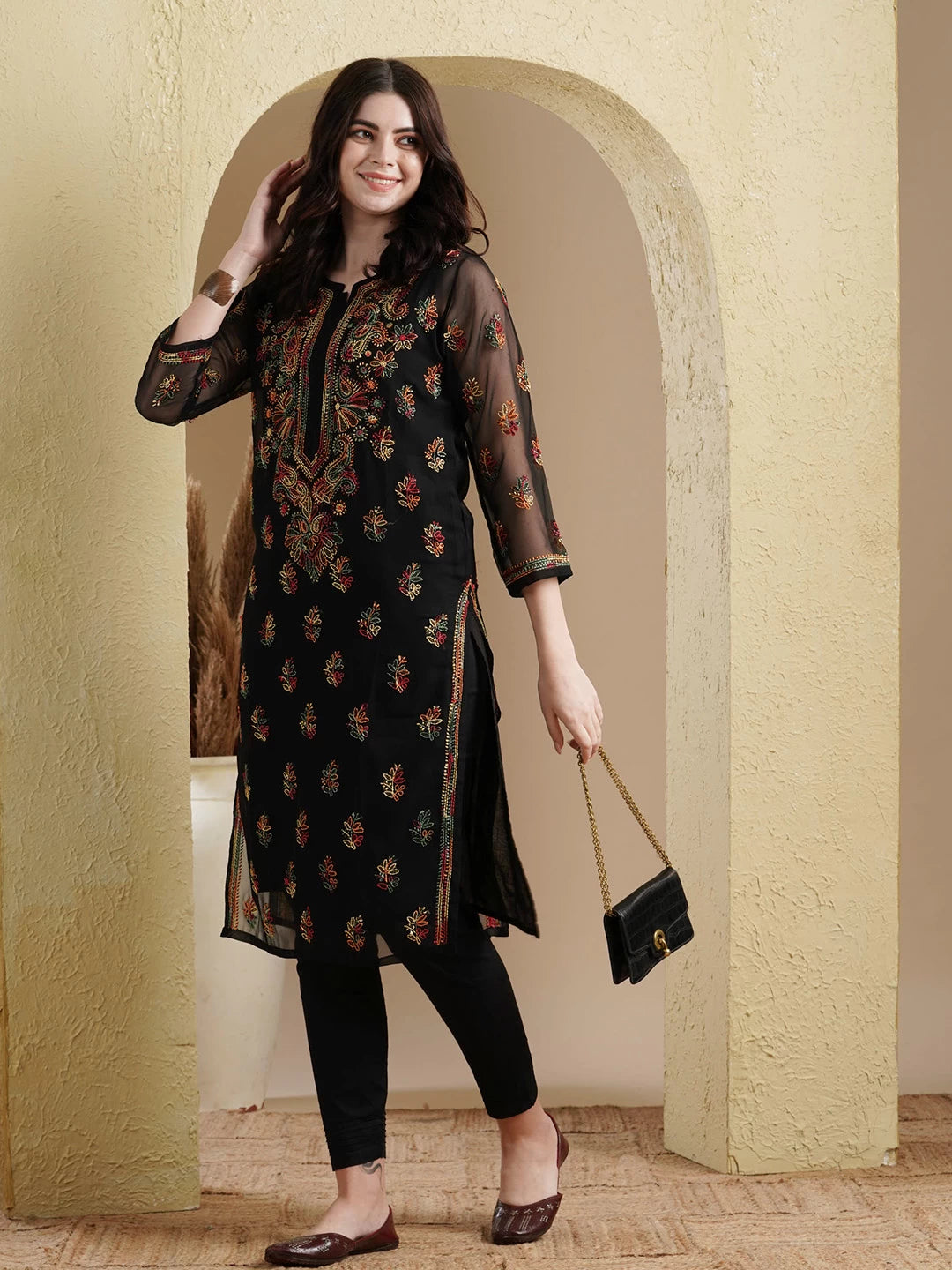 Ada Hand Embroidered Black Georgette Lucknowi Chikankari Kurta Set with Slip A811220
