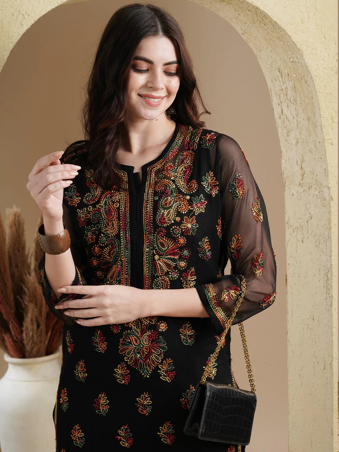 Ada Hand Embroidered Black Georgette Lucknowi Chikankari Kurta Set with Slip A811220
