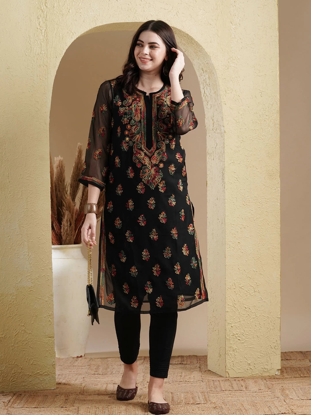Ada Hand Embroidered Black Georgette Lucknowi Chikankari Kurta Set with Slip A811220