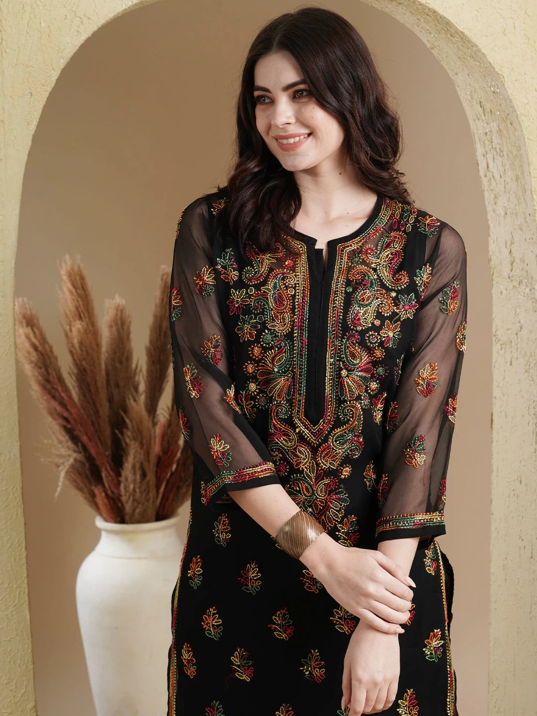 Ada Hand Embroidered Black Georgette Lucknowi Chikankari Kurta Set with Slip A811220