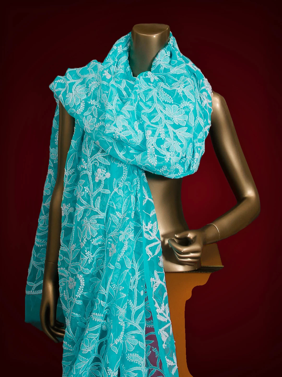 Ada Hand Embroidered Firozi Blue Georgette Lucknowi Chikankari Dupatta 01A218295
