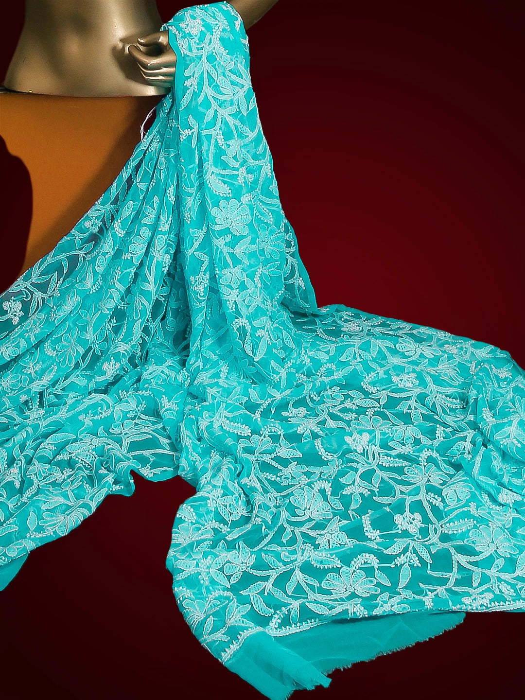 Ada Hand Embroidered Firozi Blue Georgette Lucknowi Chikankari Dupatta 01A218295
