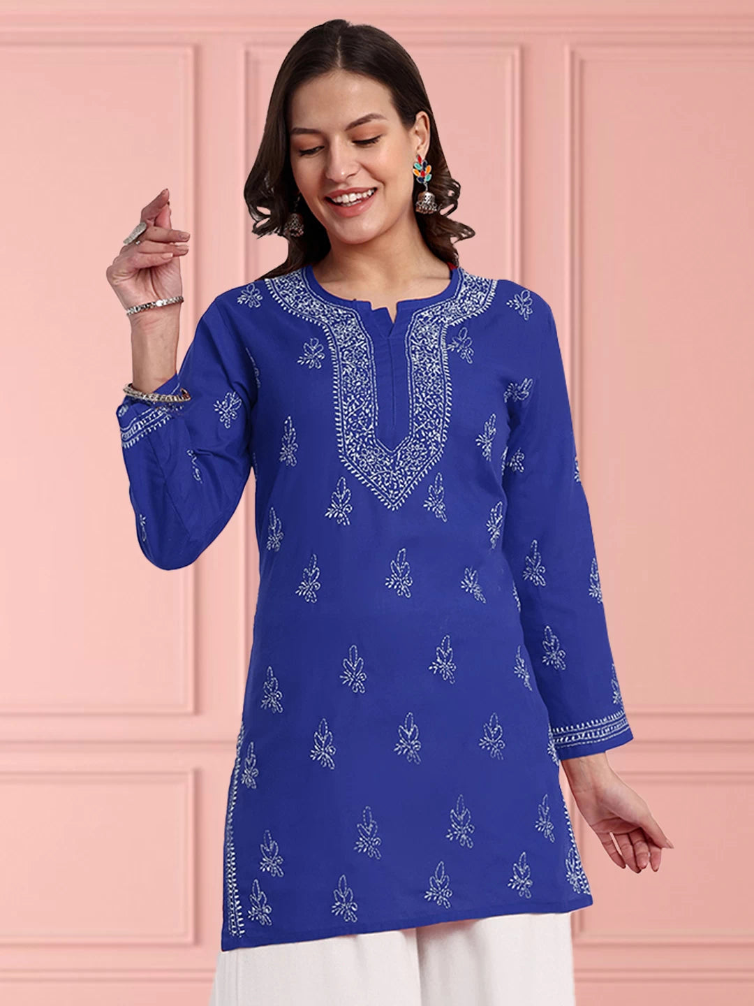 Ada Hand Embroidered Royal Blue Cotton Lucknowi Chikankari Straight Kurti A911356