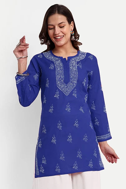 Ada Hand Embroidered Royal Blue Cotton Lucknowi Chikankari Straight Kurti A911356