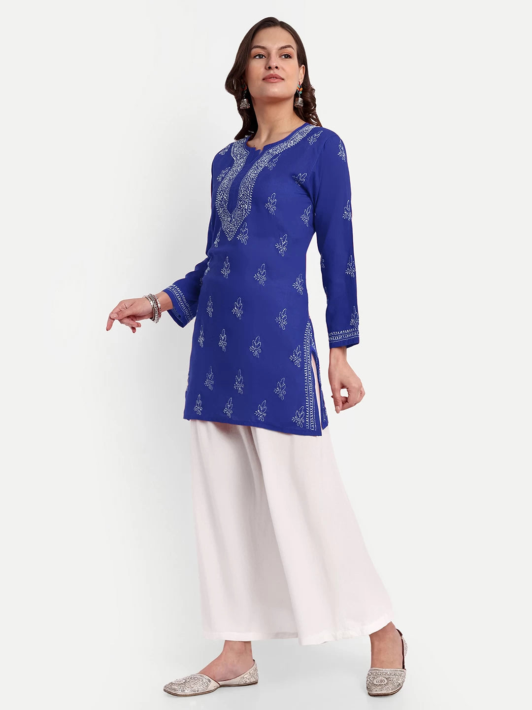 Ada Hand Embroidered Royal Blue Cotton Lucknowi Chikankari Straight Kurti A911356