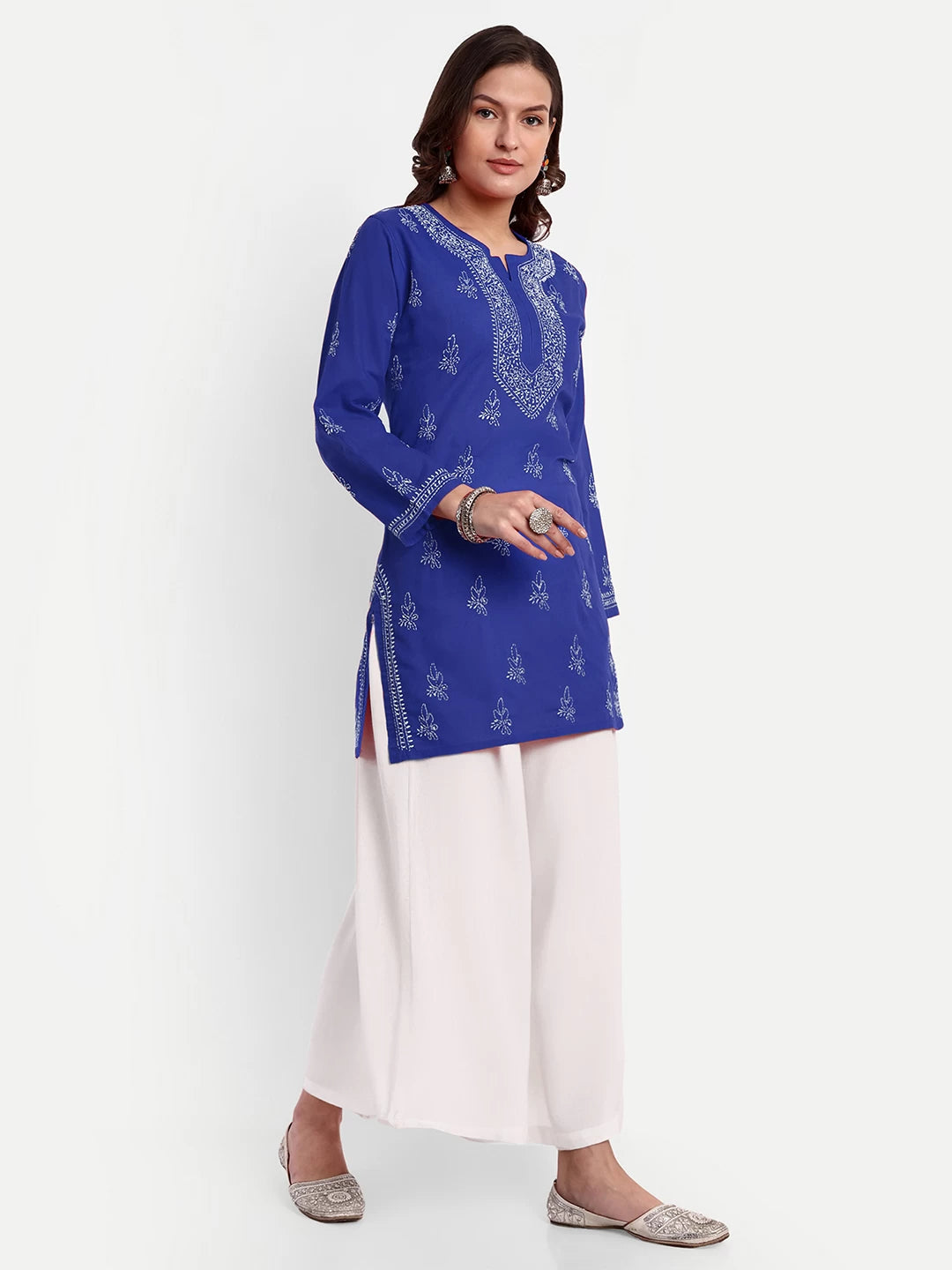 Ada Hand Embroidered Royal Blue Cotton Lucknowi Chikankari Straight Kurti A911356