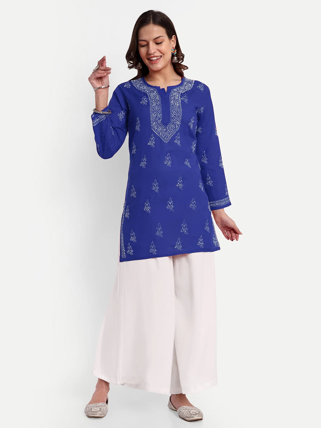Ada Hand Embroidered Royal Blue Cotton Lucknowi Chikankari Straight Kurti A911356