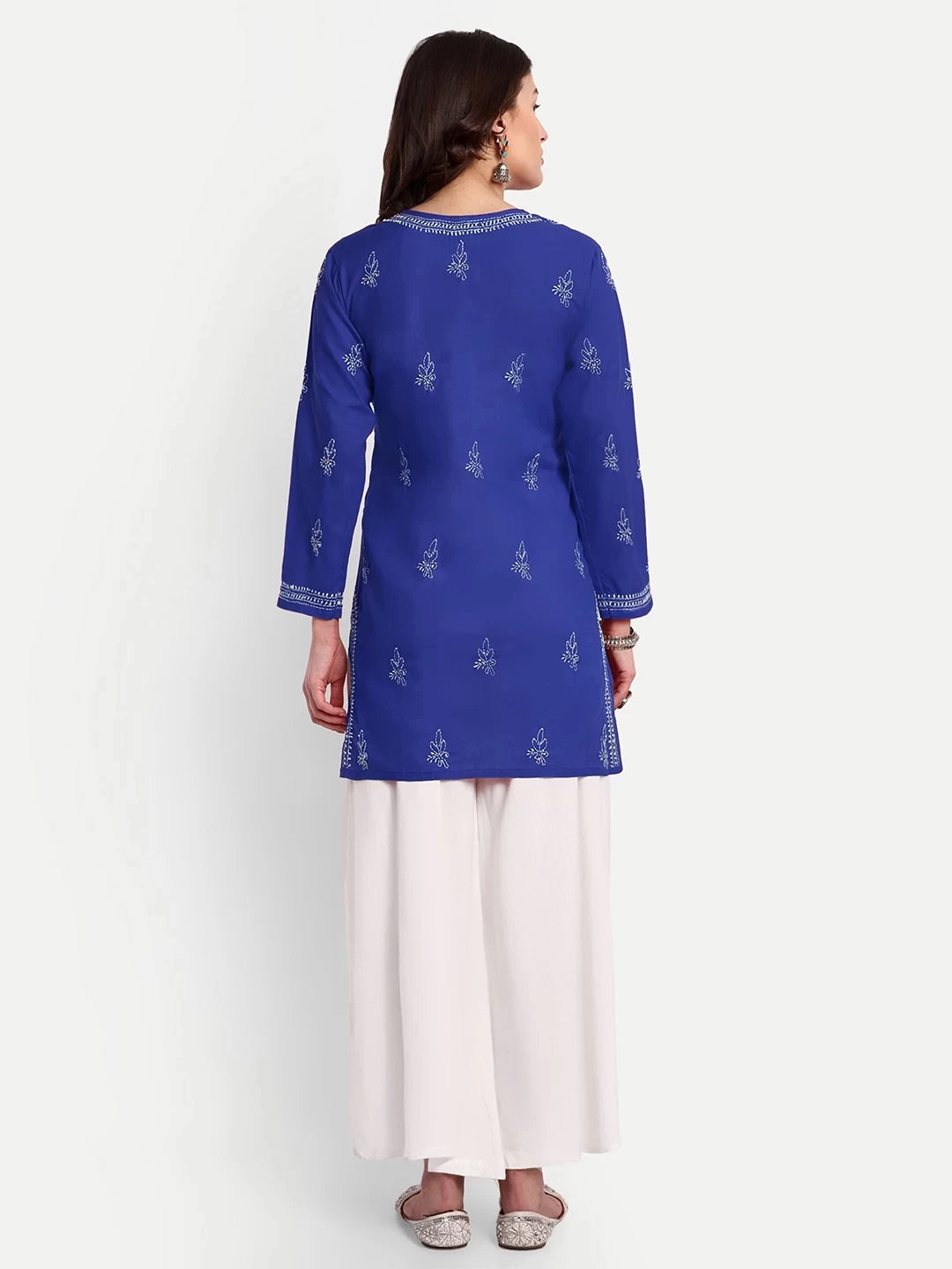 Ada Hand Embroidered Royal Blue Cotton Lucknowi Chikankari Straight Kurti A911356