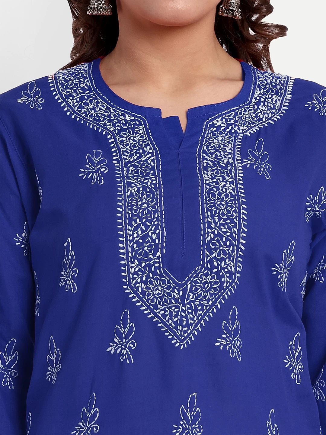 Ada Hand Embroidered Royal Blue Cotton Lucknowi Chikankari Straight Kurti A911356