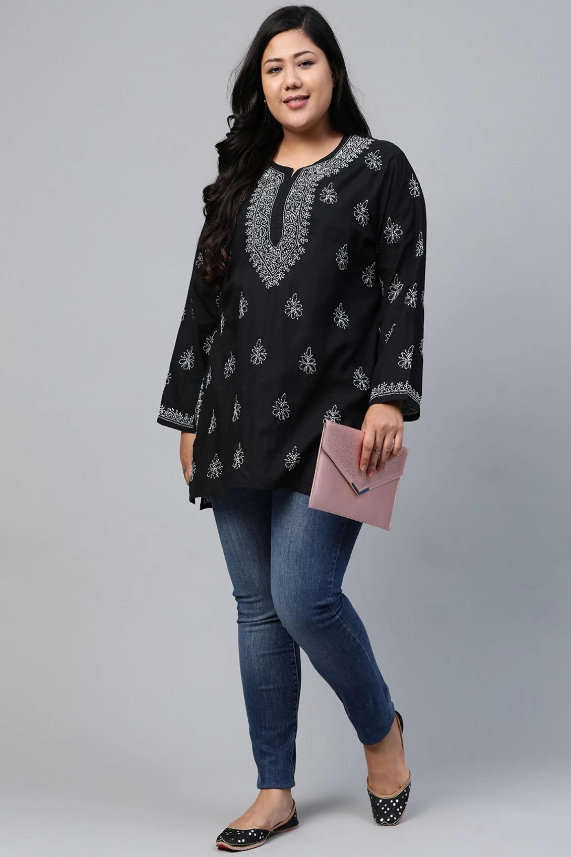 Ada Hand Embroidered Black Cotton Lucknowi Chikankari Short Kurti A210717