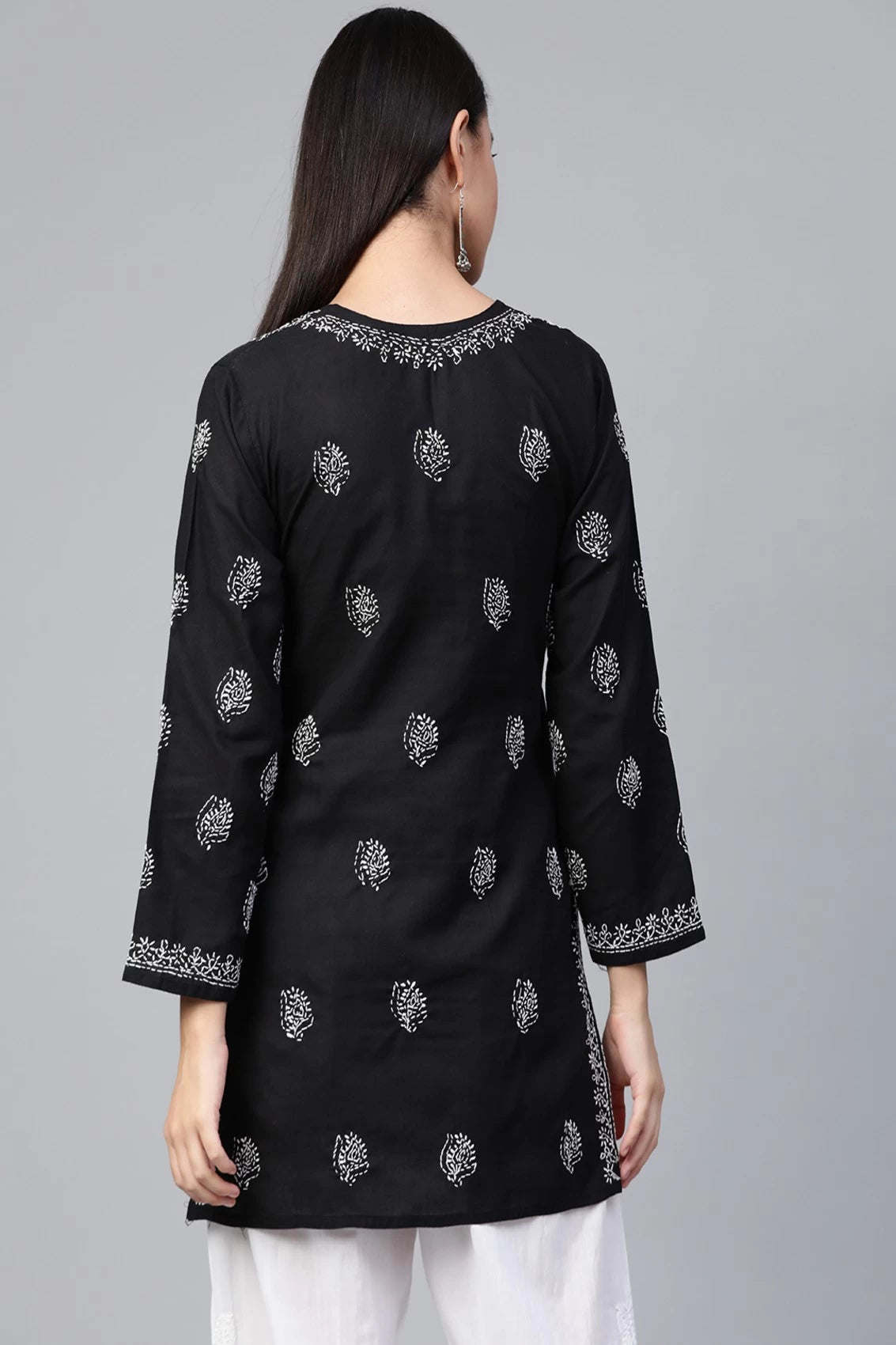 Ada Hand Embroidered Black Cotton Lucknowi Chikankari Short Kurti A210717