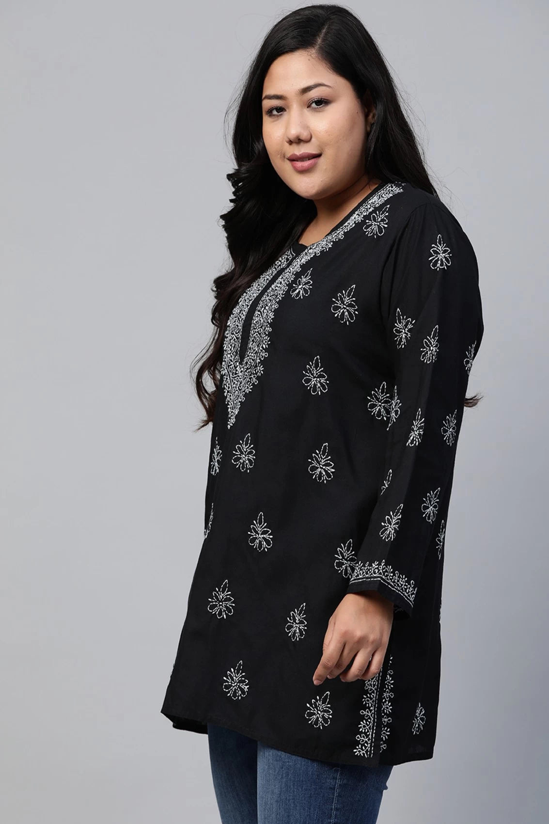 Ada Hand Embroidered Black Cotton Lucknowi Chikankari Short Kurti A210717