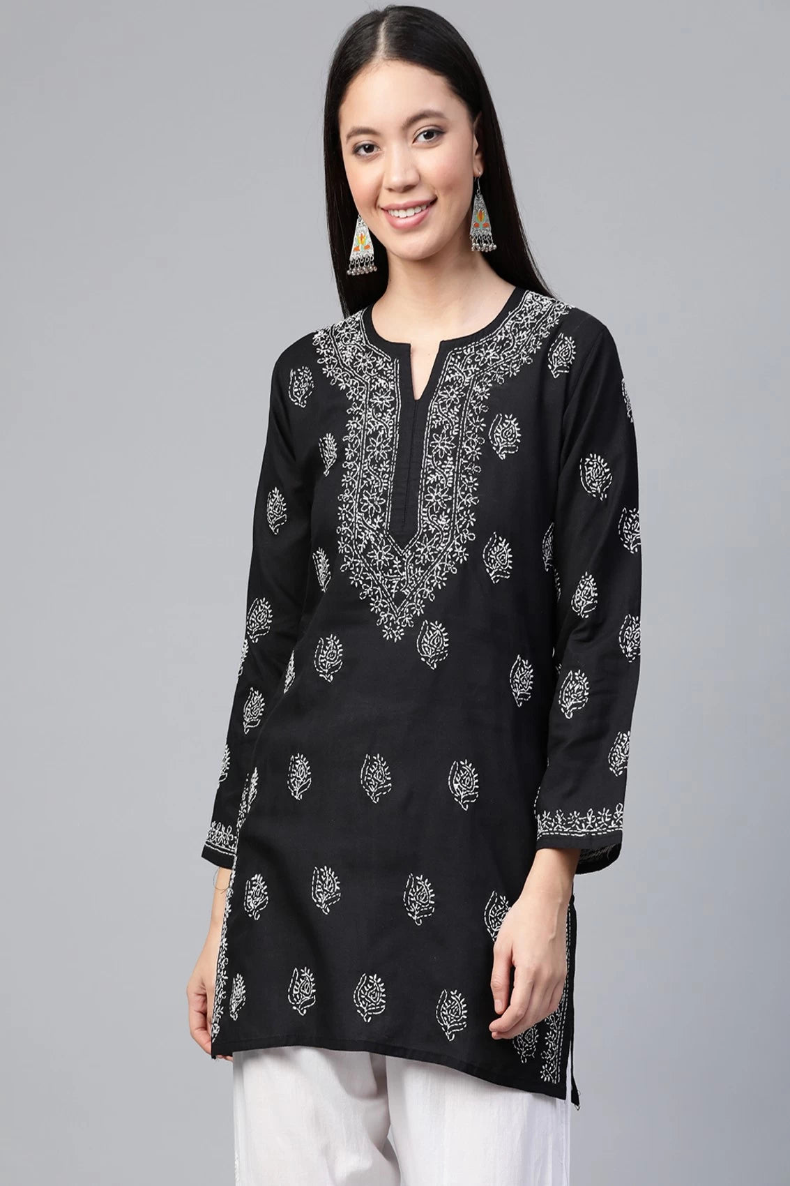 Ada Hand Embroidered Black Cotton Lucknowi Chikankari Short Kurti A210717