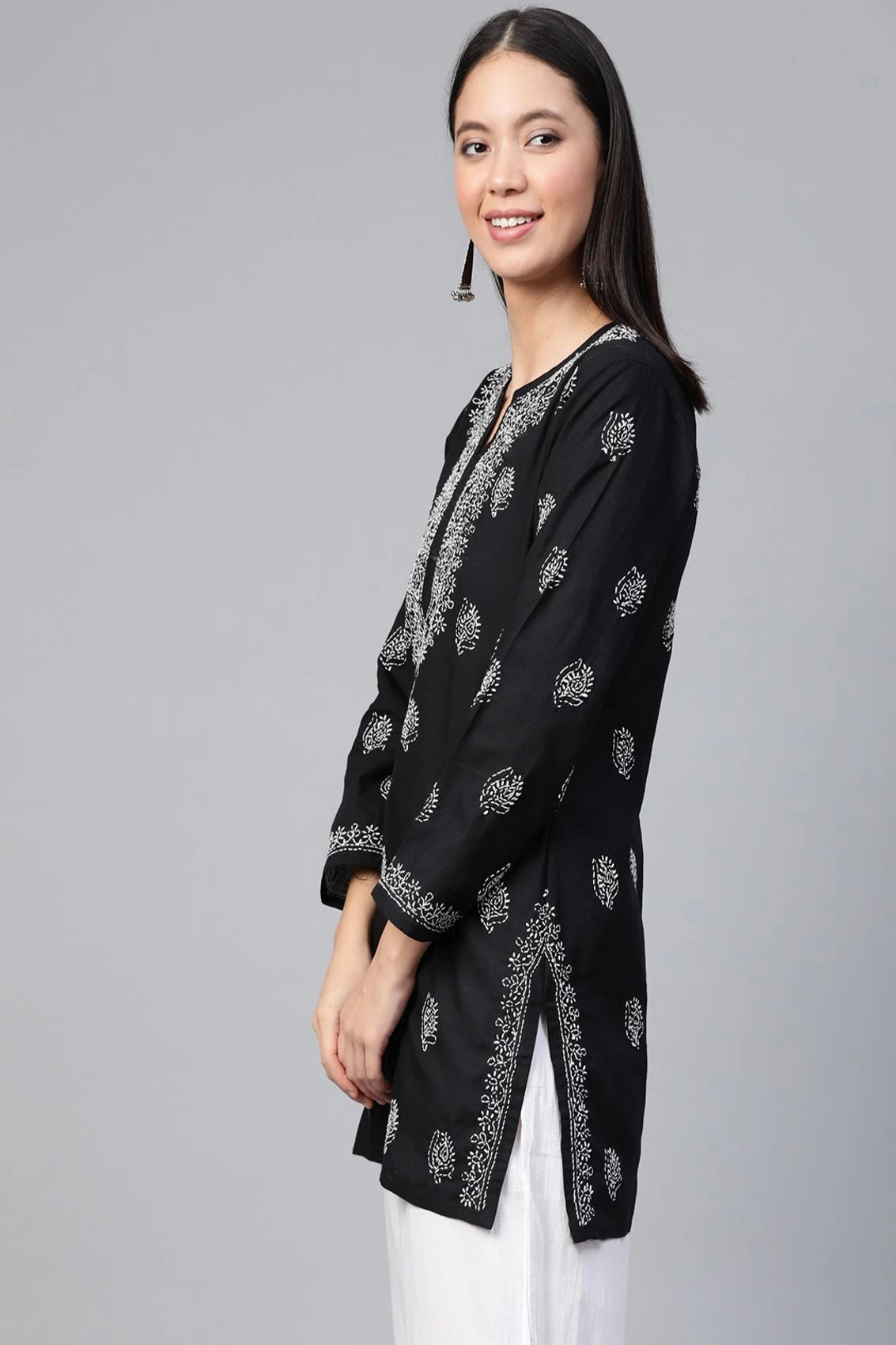 Ada Hand Embroidered Black Cotton Lucknowi Chikankari Short Kurti A210717