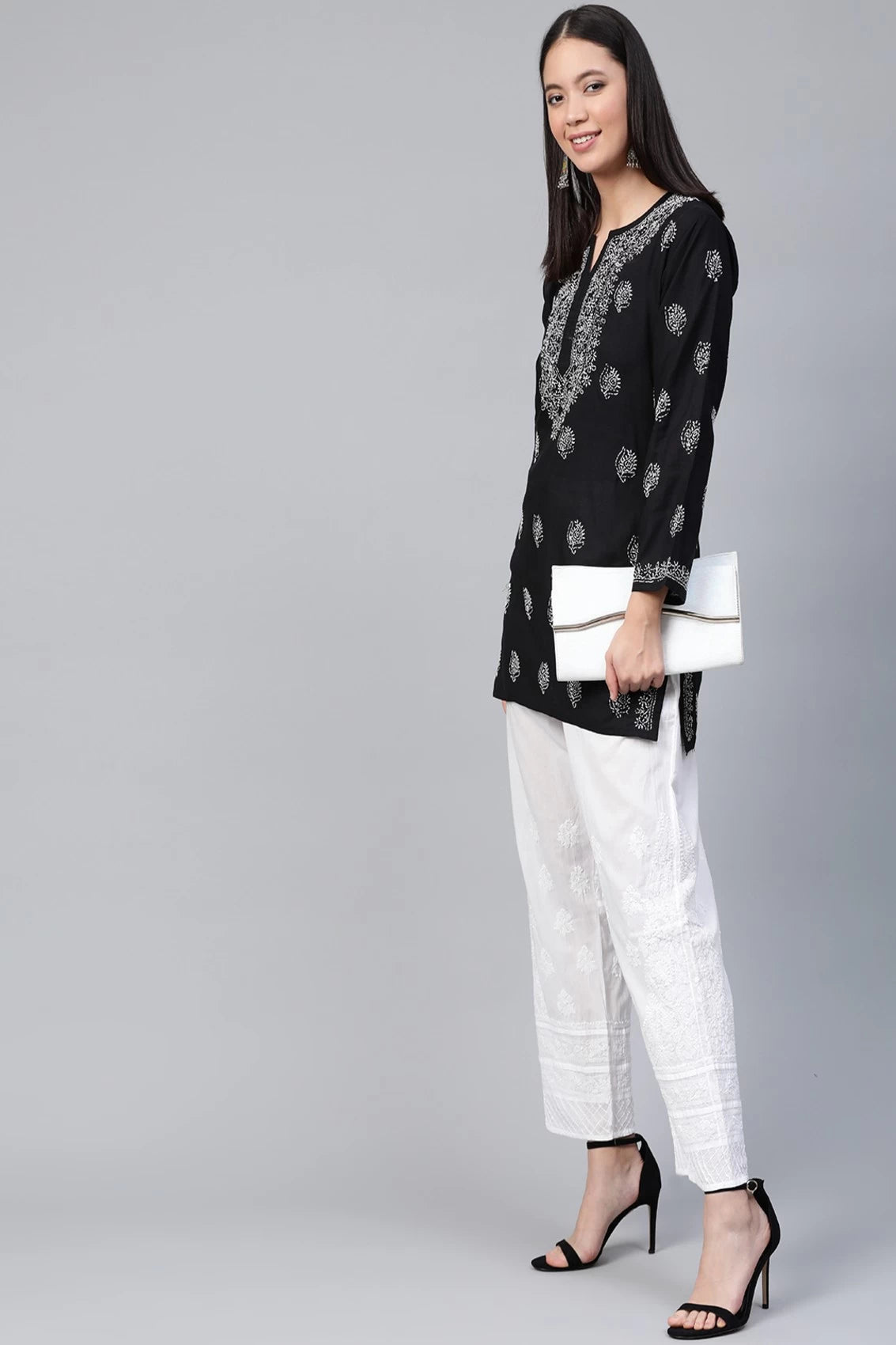 Ada Hand Embroidered Black Cotton Lucknowi Chikankari Short Kurti A210717