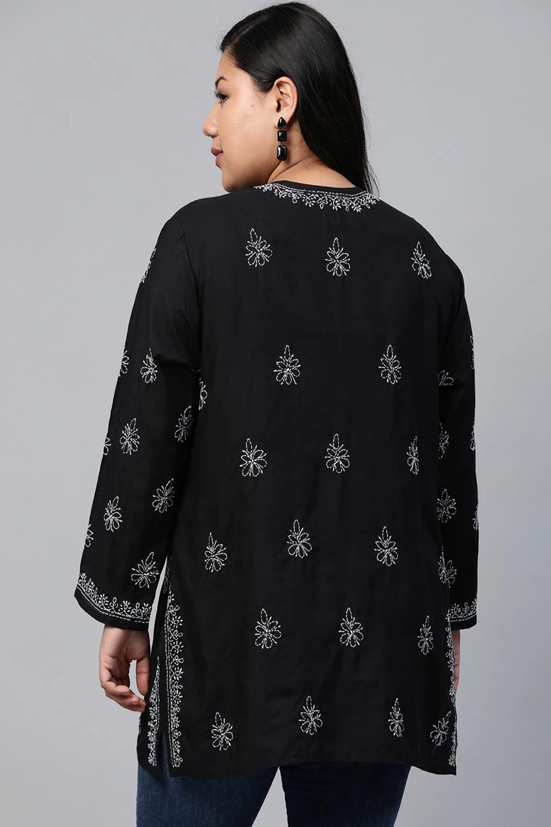 Ada Hand Embroidered Black Cotton Lucknowi Chikankari Short Kurti A210717
