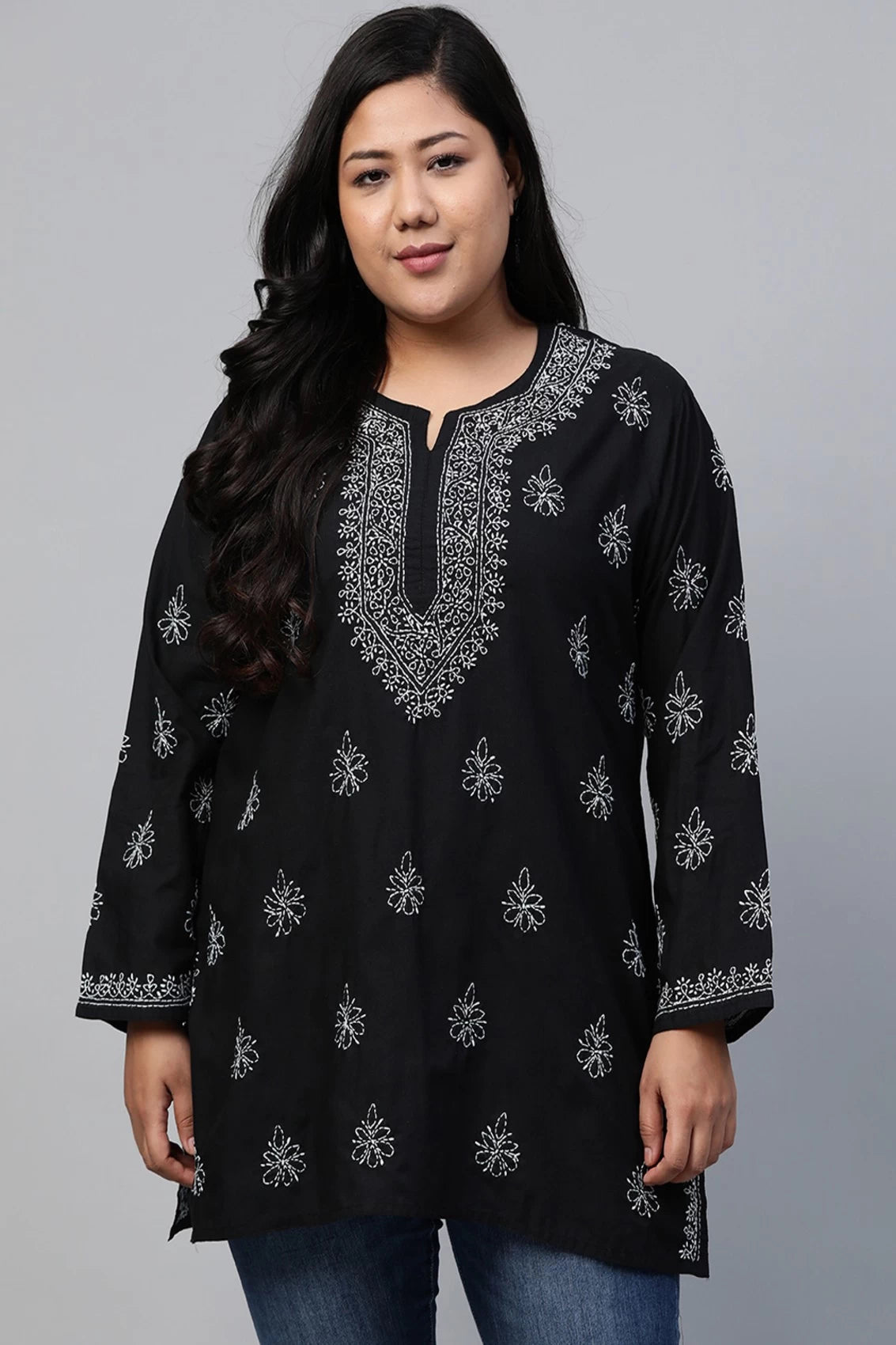 Ada Hand Embroidered Black Cotton Lucknowi Chikankari Short Kurti A210717