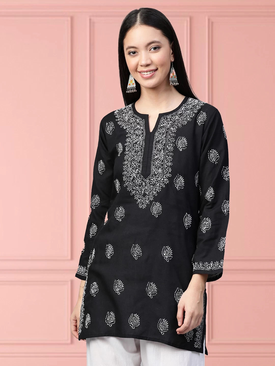 Ada Hand Embroidered Black Cotton Lucknowi Chikankari Short Kurti A210717