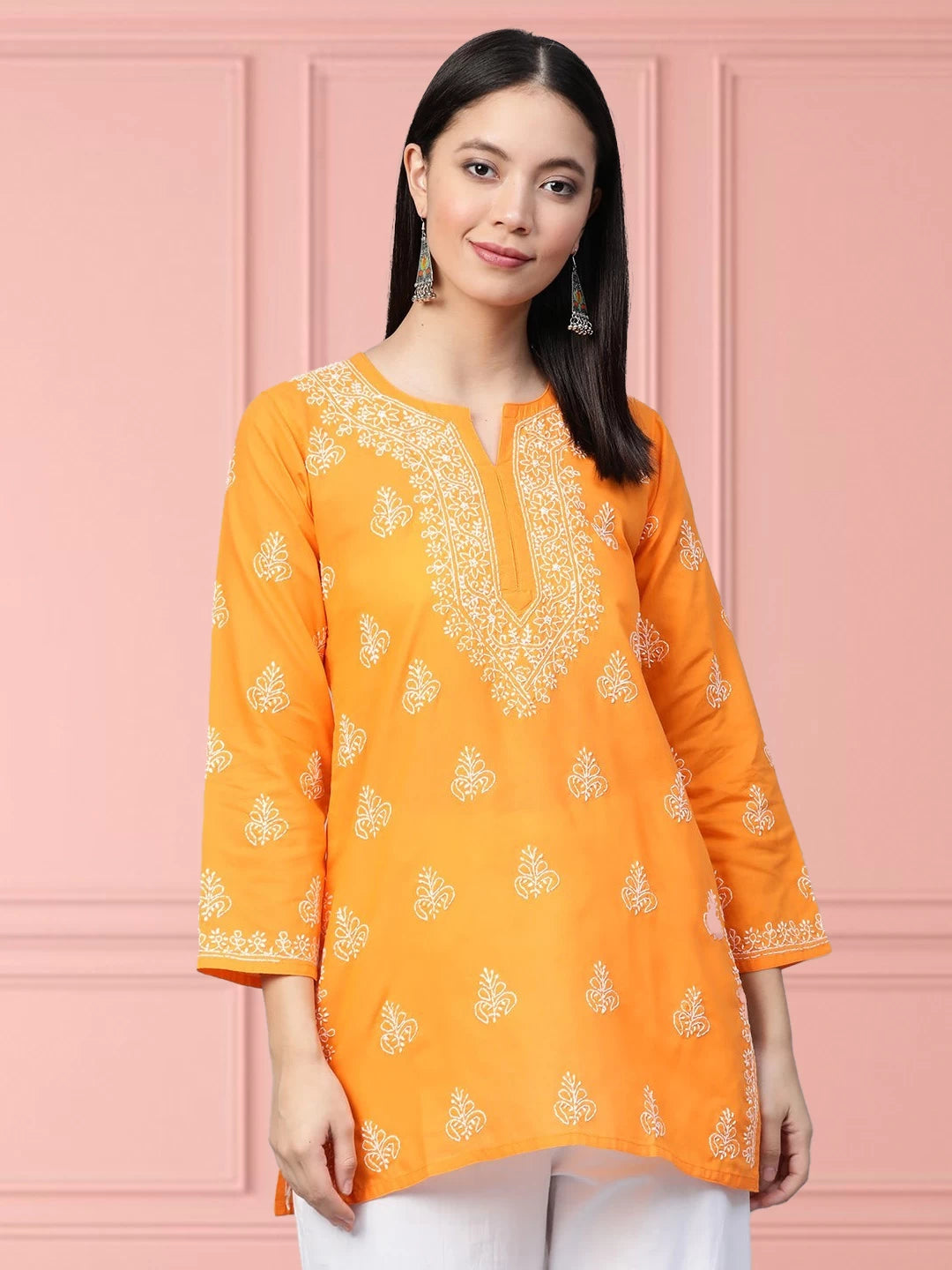 Ada Hand Embroidered Mustard Cotton Lucknowi Chikankari Straight Kurti A210866