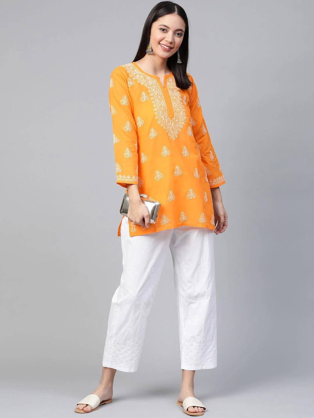 Ada Hand Embroidered Mustard Cotton Lucknowi Chikankari Straight Kurti A210866