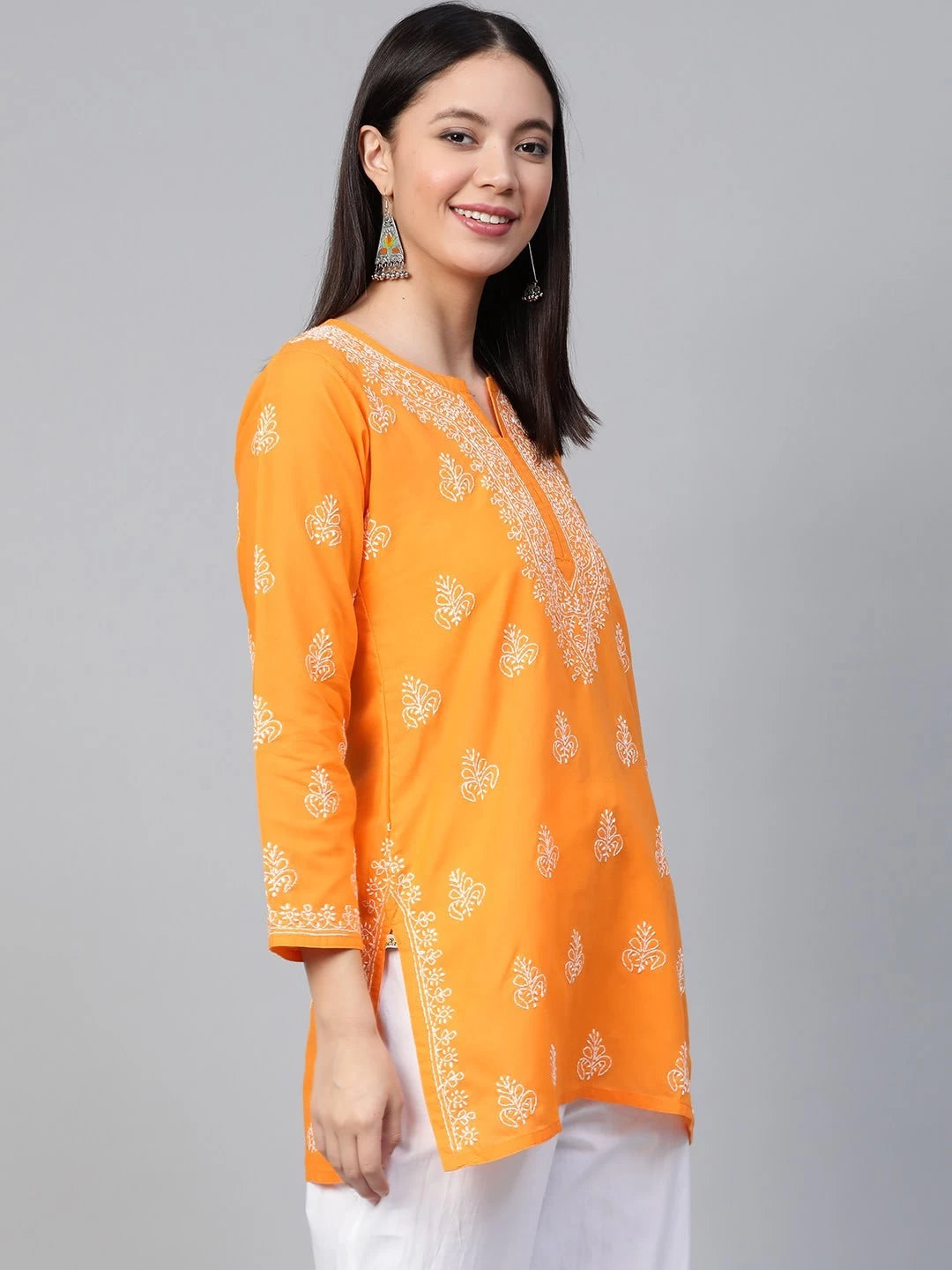 Ada Hand Embroidered Mustard Cotton Lucknowi Chikankari Straight Kurti A210866