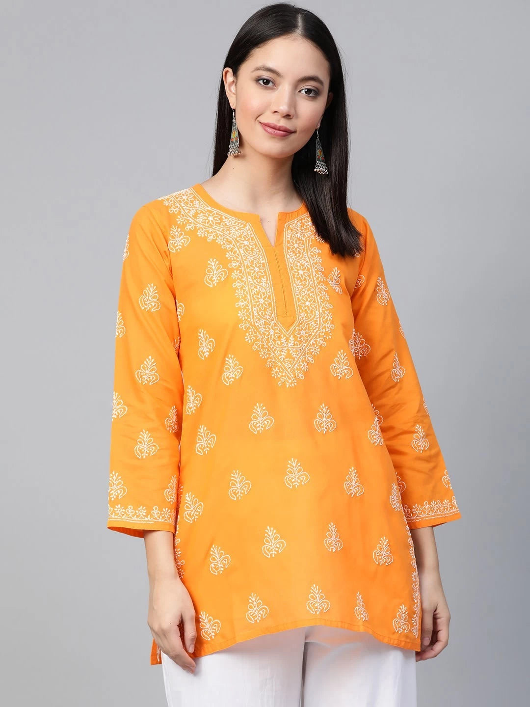 Ada Hand Embroidered Mustard Cotton Lucknowi Chikankari Straight Kurti A210866