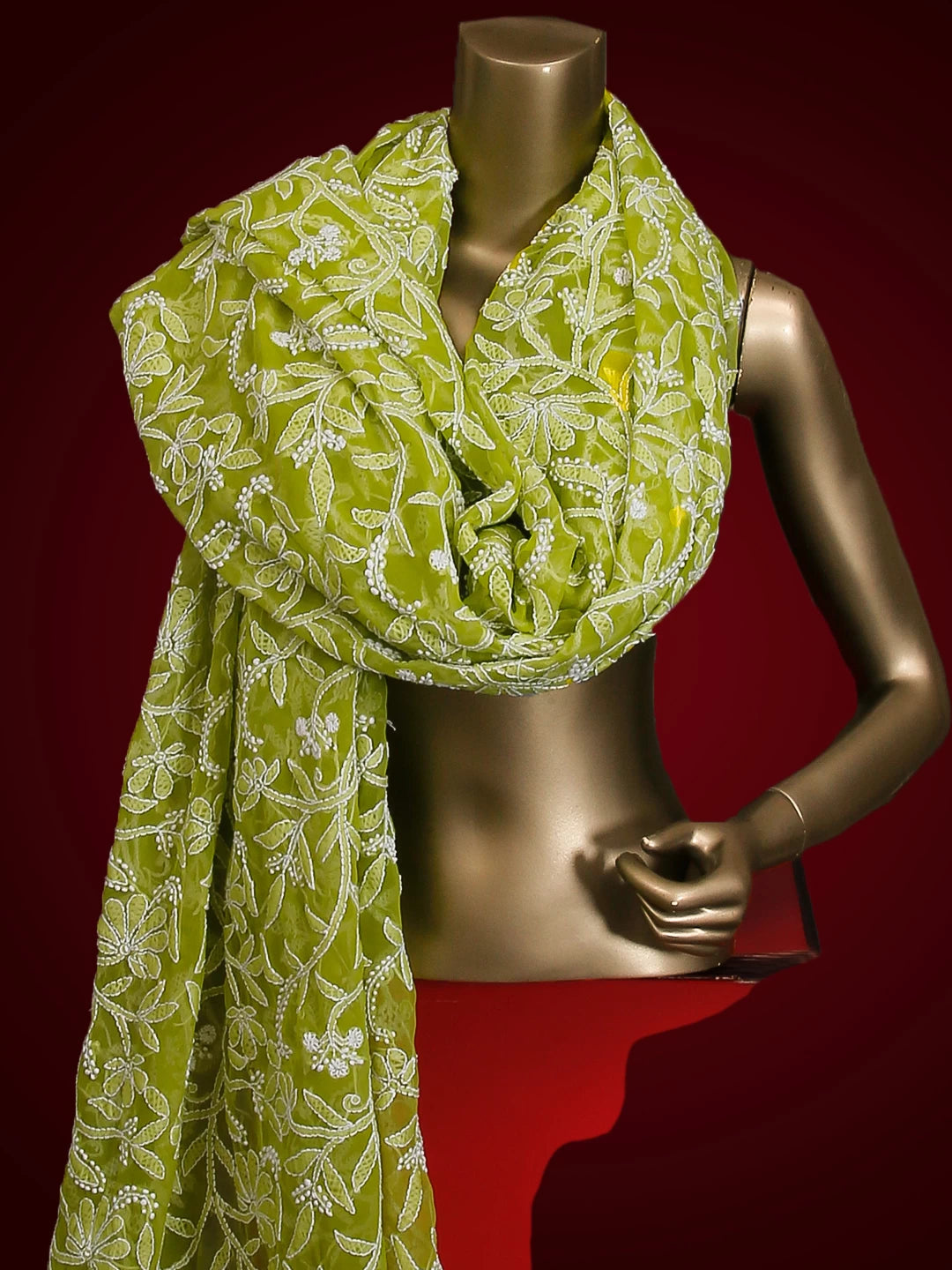 Ada Hand Embroidered Green Georgette Lucknowi Chikankari Dupatta 01A218300